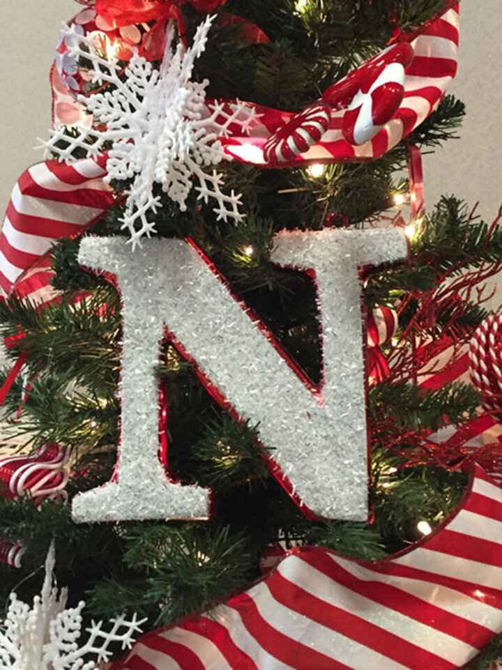 A close up of a Husker N ornament on a Christmas tree.