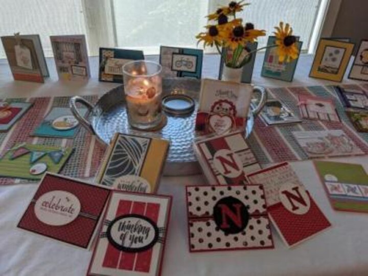 Close up of table covered in greetings cards.