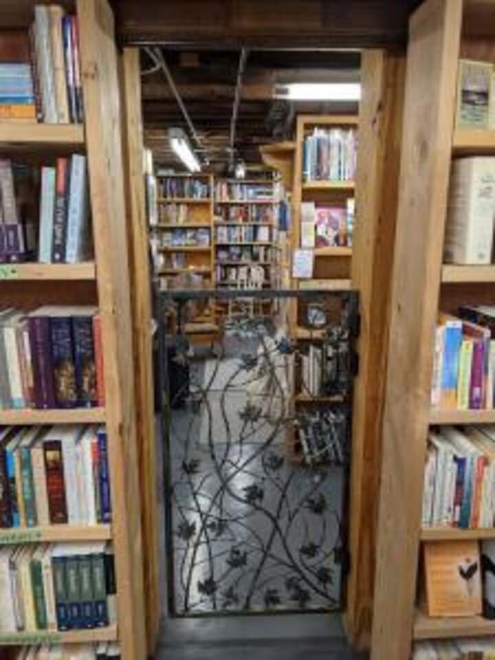 A fanciful gate in the basement of A Novel Idea Bookstore separating sections.