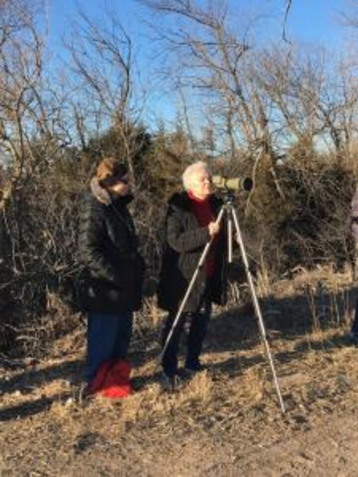 Two club members take turns looking through high powered scope on tri-pod at cranes