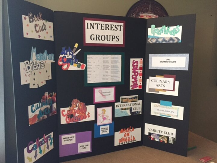 Foldout poster board with different Interest Groups listed in colorful letters.